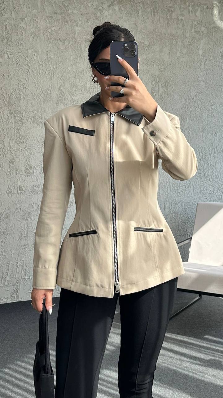 6371 Yakası Derili Trenç Ceket - Krem