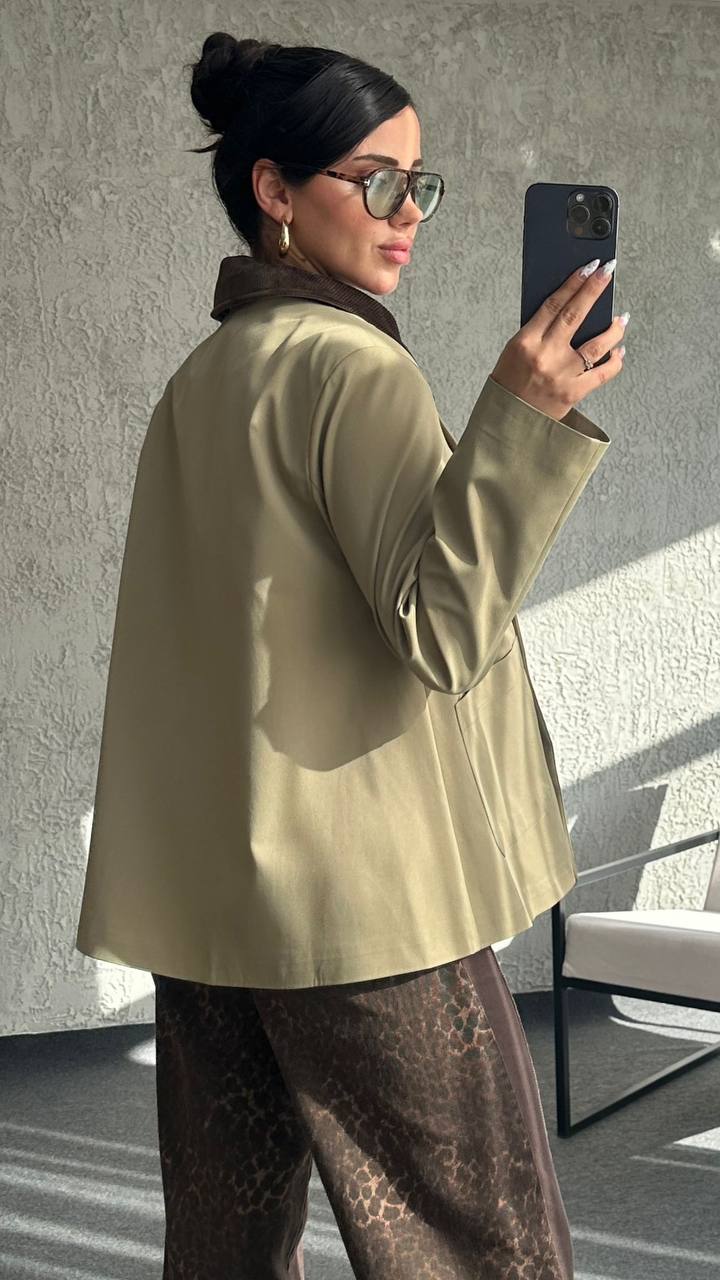 6377 Yakası Kadife Trenç Haki